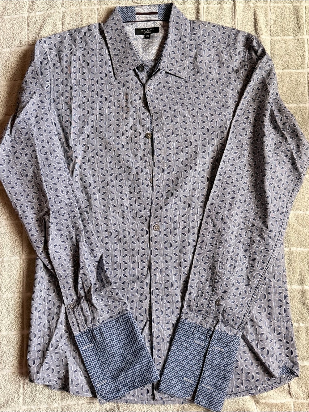 Ted Baker Gray Patterned Dress Shirt with French Cuff and stylish blue desige